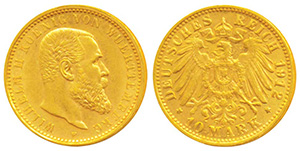 German State, Wurttemberg, Wilhelm II, Gold 10 Mark, 3.98g, Freudenstadt Mint, 1912F, obv.