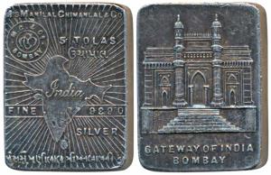 Tola Bar, Silver Ms. Manilal Chimanlal & Co, Silver 5 Tolas, 58.28g, obv. map of undivided