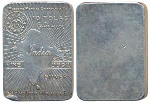 Tola Bar, Silver Ms. Manilal Chimanlal & Co, Silver 10 Tolas, 116.76g, obv. map of undivid