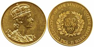 Elizabeth II Coronation Medal, Gold Gilt Nickel Medal, obv. crowned bust, rev. royal cyphe