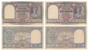 Burma, George VI, Rupees 10 (2), 1947, signed C. D. Deshmukh, red overprint in center, Mil