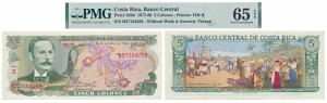 Costa Rica, 5 Colones, 1977-89 (Pick 236d). Graded By PMG 65, Gem Uncirculated, Scare.