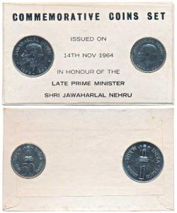 1964 Uncirculated set, Birth Anniversary of Jawaharlal Nehru, set of 2, 50 Paise and 1 Rup