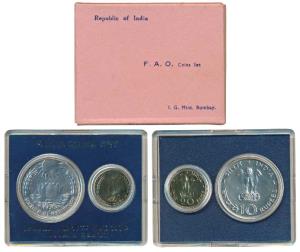 1970 Uncirculated Set, Food For All, set of 2, 20 Paise and Rupees 10. In immaculate condi