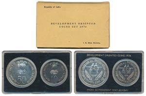 1974 Uncirculated Set, Planned Families Food For All, set of 2, Rupees 10 and 50. In near 