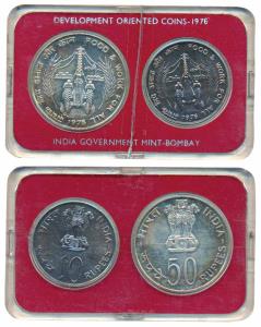 1976 Uncirculated Set, Food and Work for All, set of 2, Rupees 10 and 50. In immaculate co