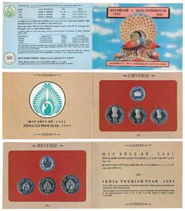 1991 Proof Set, India Tourism Year, set of 3, Rupee 1, 2 & 5. In immaculate condition, wit
