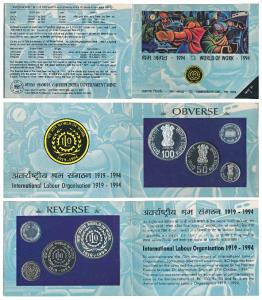 1994 Proof Set, World of work, set of 3, Rupees 5 to 100. In immaculate condition, within 