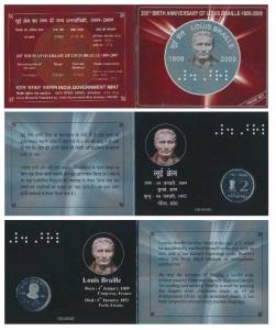 2009 Proof Set, 200th Birth Anniversary of Louis Braille, set of 1, Rupees 2. In immaculat