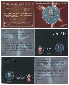2009 Proof Set, 200th Birth Anniversary of Louis Braille, set of 1, Rupees 2. In immaculat