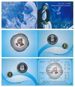 2010 Uncirculated Set, Mother Teresa Birth Centenary, set of 2, Rupees 5 and 100. In immac