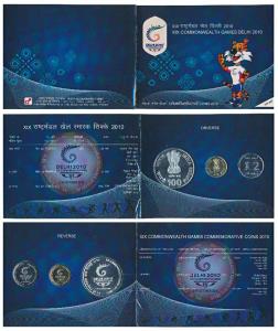 2010 Uncirculated Set, XIX Commonwealth Games Delhi, set of 3, Rupees 2 to Rupees 100. In 