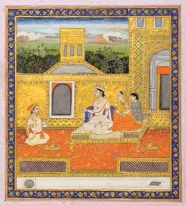 This folio seems to be an episode of an unidentified story wherein a crowned mythical rule