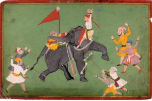 The inscription to the upper margin reads “Hathi Kadak Bijli Maharana Raj Singhji Ro Pano.