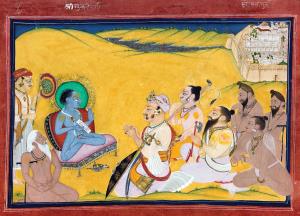 The sage Sukhdev is reciting the Bhagavata Puranas to a Kotah nobleman accompanied by rish