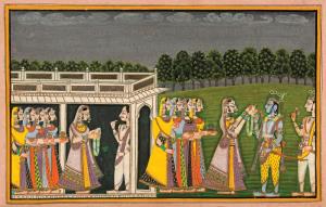The scene set in Janakpur, capital of Mithila, at the palace pavilion from which the lavis