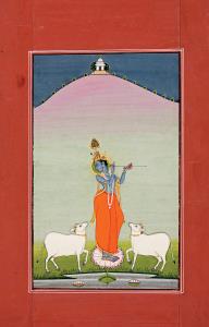 Krishna stands in the middle of a lotus, playing his flute flanked by a pair of cows, gazi