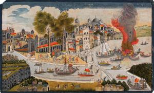 A merchant ship explodes in the harbour of a city, the force of the blast sending unfortun