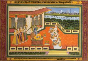 A nimbate lord, blue-skinned and crowned in the guise of Krishna, is dressed in a lightwei