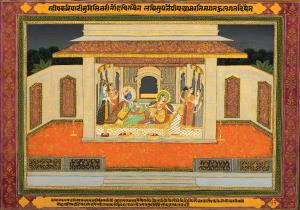 The haloed royal couple are depicted seated on a day-bed in a pavilion accompanied by four