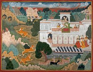 The nimbate Maharao Umed Singh of Bundi wearing a green hunting jama and matching pagri (h