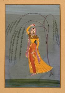 A bejewelled lady stands beneath a delicately painted weeping tree, holding a branch with 