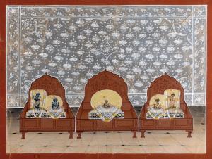 In the three throne-chairs are metallic icons of Balakrishna (the infant Krishna holding a