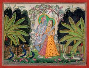 Krishna and Radhika enjoying each other’s company in blossoming upvan or gardens in Vrinda