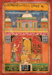 A nayika (heroine) reaches toward two golden vessels containing blossoming shrubs. Her han