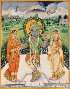 On a white palace terrace stands a garlanded and bejewelled Krishna wearing a large turban