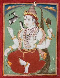 Shiva is seated serenely in meditation in the form of Chandrashekhara (Lord of the Moon), 