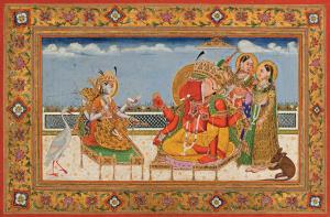 In rich, fine detail Ganesha sits on a gold, jewel encrusted throne with lotus cushion; fa