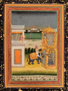 A lord seated on an elephant reaches up to receive a garland from his beloved standing on 