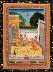 Bairadi Ragini: A seated lord embraces and touches his lover's breast as she looks away ho