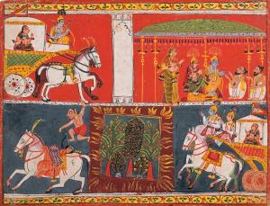 The upper register of this painting is split into two red-ground panels. To the left a cha