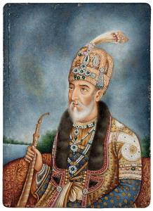 The emperor sits leaning on a bolster as he holds the stem of a huqqa. In the background a