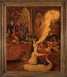 A scene from the Mahabharata: the unveiling of Draupadi (Draupadi Chiraharan). The Kaurava