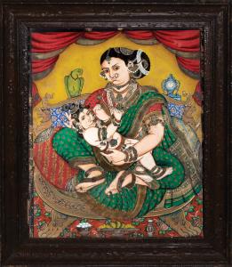 The mother and child are depicted on a round throne in a sumptuous interior, with colourfu
