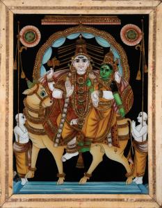 The four-armed figure of Shiva is depicted with primary hands in varada and abhaya mudra, 