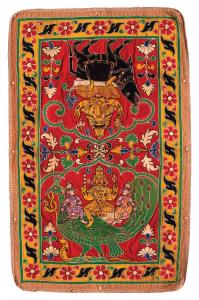 A book coverlet of rectangular form, depicting Ganesha on one side, riding on his vehicle,