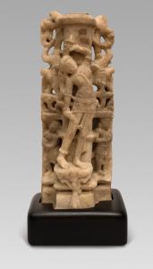 Each one is depicted leaning against a segmented column, standing on a tiered plinth, with