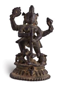 On circular lotus base, the four-armed goddess standing on her vahana and the body of the 