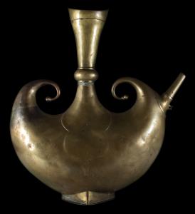 Of crescent-shaped form with twin scrolling finials, the waisted neck with convex ring and