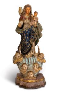 The Virgin Mary wearing a billowing headscarf, the infant Jesus holding an orb in his left