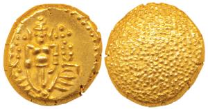 Negapatnam, Gold Pagoda, 3.35g, obv. Lazy J with Lord Vishnu standing, facing front, rev. 