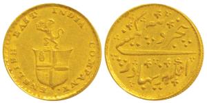 Gold Rupees 5 or 1/3 Mohur, 3.87g, obv. company arms with a lion holding a crown, rev. Per