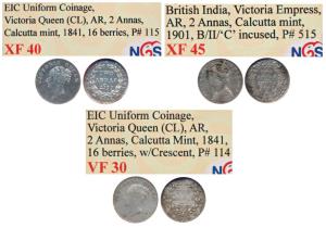Victoria Queen, Silver 2 Annas, 1841, Calcutta Mint, continuous legend, 16 Berries (Prid 1