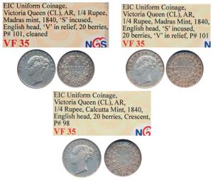 Victoria Queen, Silver ¼ Rupee (2), 1840, continuous Legend, Madras Mint, S incused, Engli