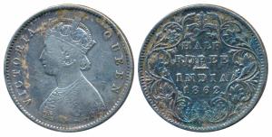Victoria Queen, Silver ½ Rupee, 1862, Calcutta Mint, A / II, Transitional Mule, (Prid 254)