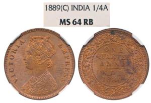 Victoria Empress, Copper ¼ Anna, 1889, Calcutta Mint (Prid 622). Graded by NGC MS64RB.
